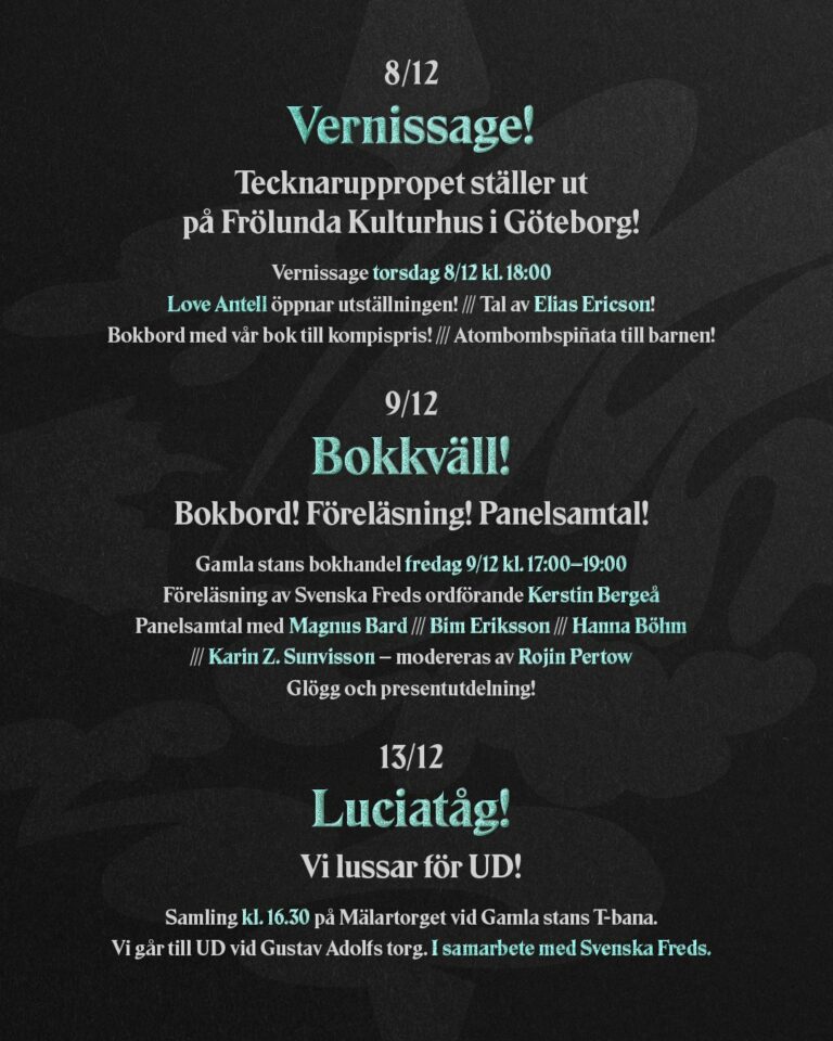 Tecknarupproret Nej till Nato ”Bokkväll” 9/12 och Luciatåg 13/12!