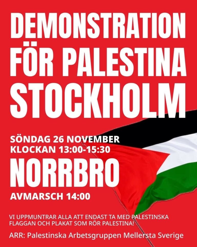 Demonstration för Palestina söndag kl 13. Kom!