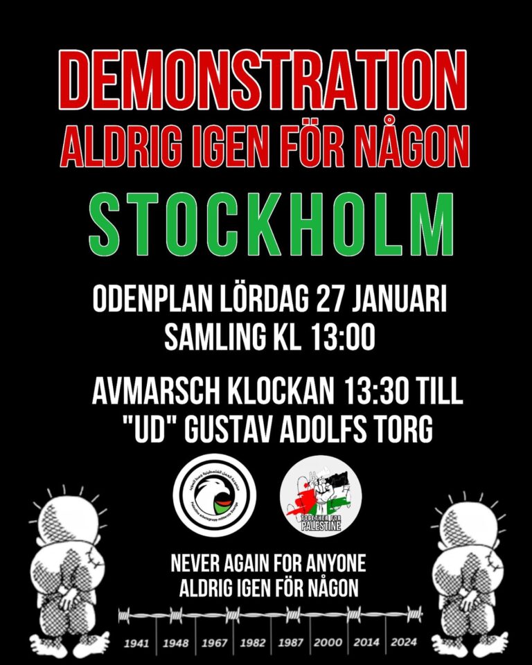 Palestinamanifestation 27 januari kl 13. Odenplan, Stockholm. Kom!