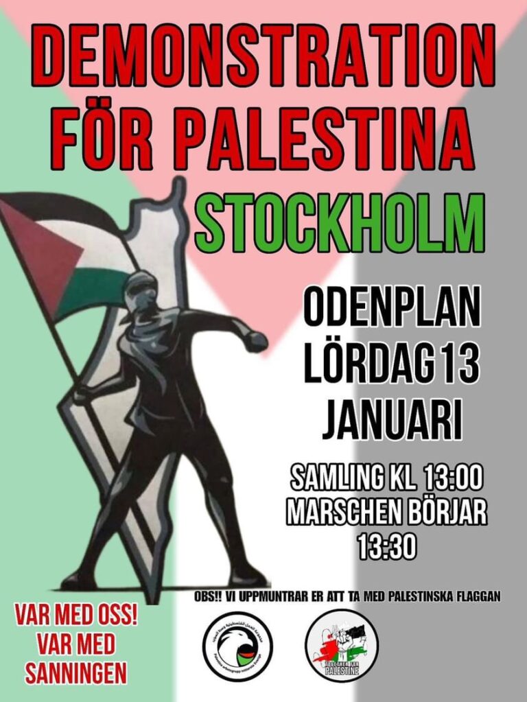 Palestinademonstration Odenplan lördag 13 januari kl 13. Kom!