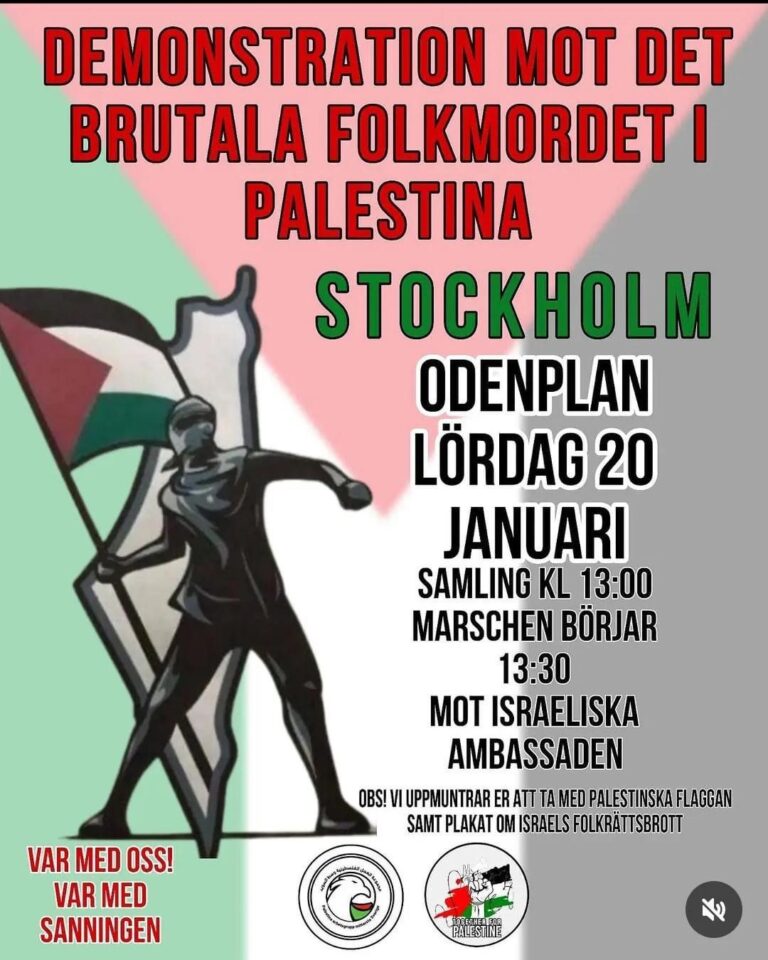 Palestinademonstration Odenplan lördag 20 januari kl 13. Kom!