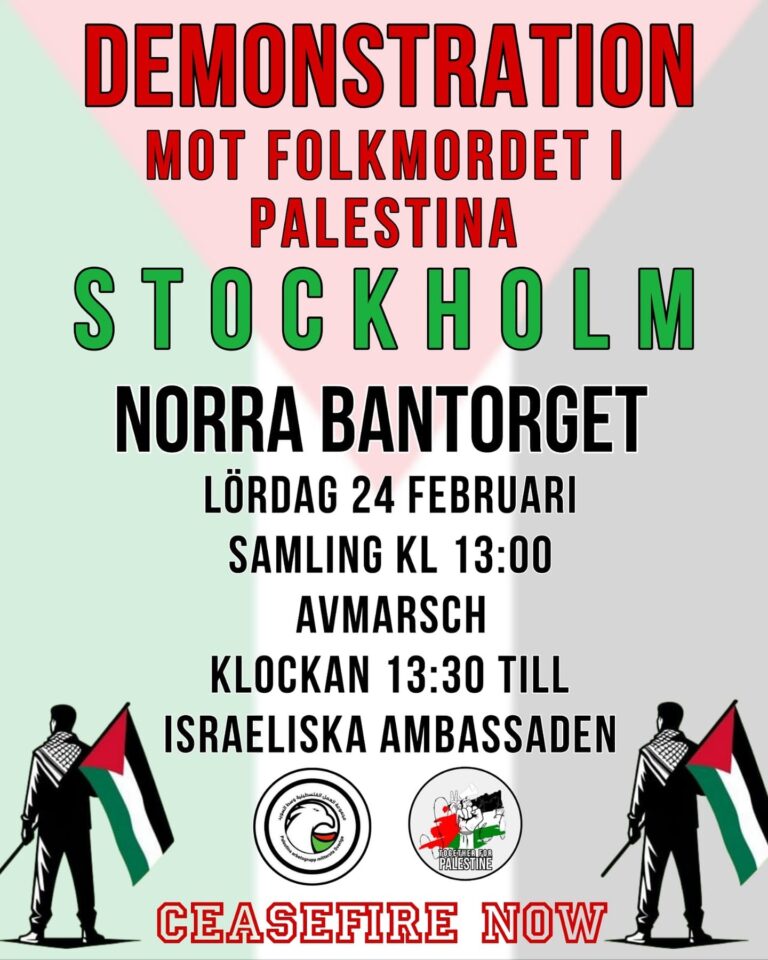 Palestinademonstration Odenplan 24 februari. Samling kl 13 som vanligt.